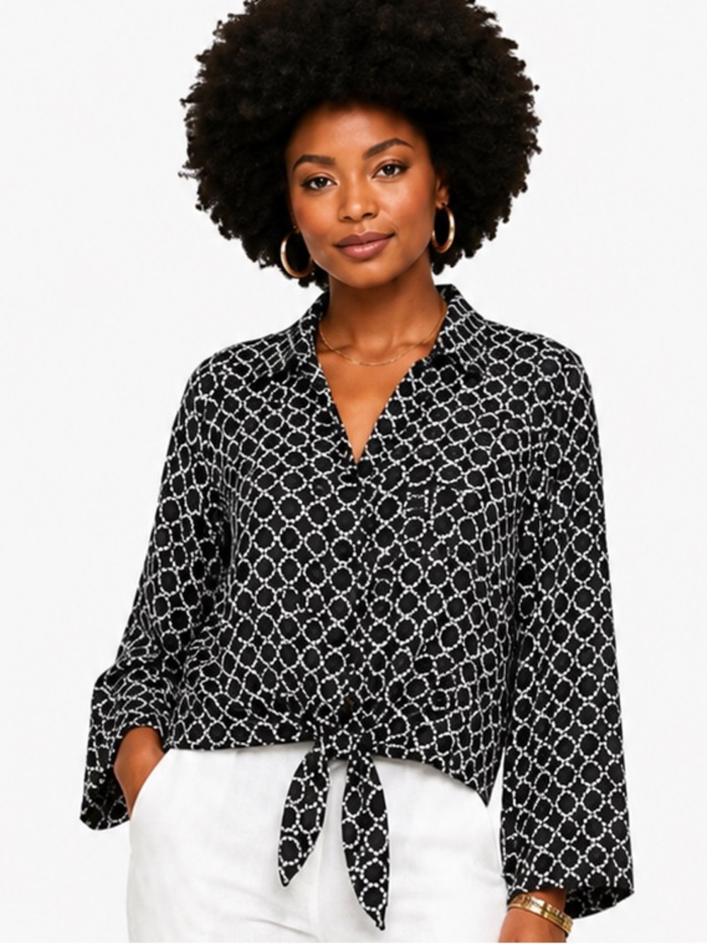VINCE CAMUTO Tie Front Blouse Black White Geometric Print Large Career Top NWT